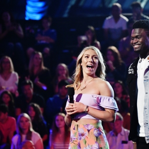 Mikaela Shiffrin and Zion Williamson speak onstage during Nickelodeon Kids' Choice Sports