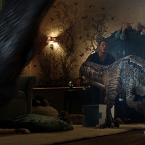 Owen and Blue face off against the monstrous Indoraptor in Jurassic World: Fallen Kingdom.