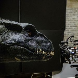 Director J.A. BAYONA with the Indoraptor on the set of Jurassic World: Fallen Kingdom