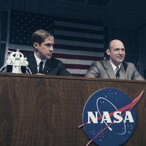 RYAN GOSLING as Neil Armstrong, COREY STOLL as Buzz Aldrin and LUKAS HAAS